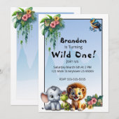Wild One Jungle Safari 1er anniversaire Invitation (Devant / Derrière)