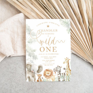Wild One Jungle Safari Birthday Invitation Kaart
