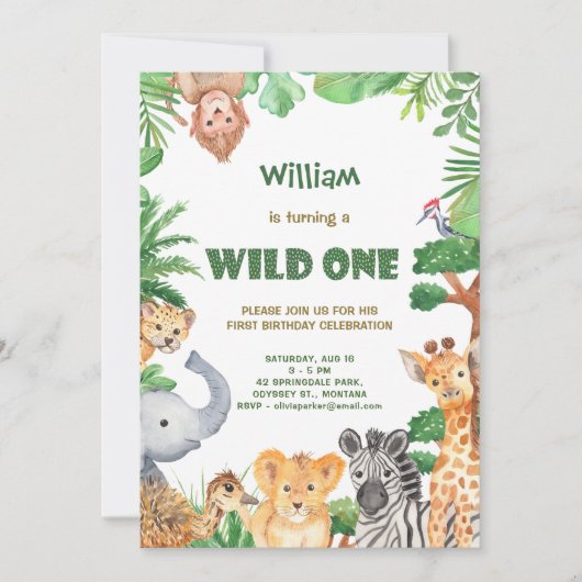 Wild One Jungle Safari Invitation d'anniversaire (Devant)