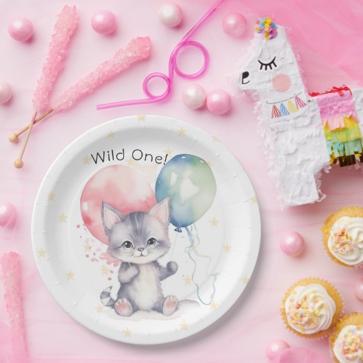 Wild One kitten ballonnen 1e verjaardagsfeestje Papieren Bordje (Feest)