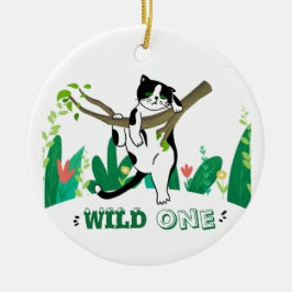 Wild One Kitty Cat Kitten 1ste verjaardag Uitnodig Keramisch Ornament
