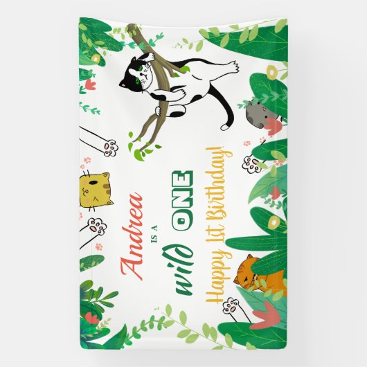 Wild One Kitty Cat Kitten 1ste verjaardag Uitnodig Spandoek (Verticaal)