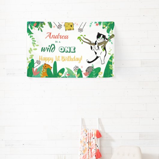 Wild One Kitty Cat Kitten 1ste verjaardag Uitnodig Spandoek (Insitu)