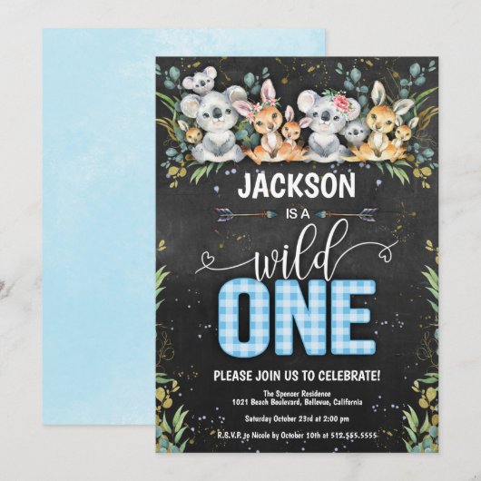 Wild One Koala & Kangaroo Gingham 1e verjaardag Kaart (Voorkant / Achterkant)