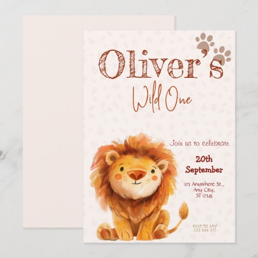 Wild one lion birthday Invitation (Devant / Derrière)