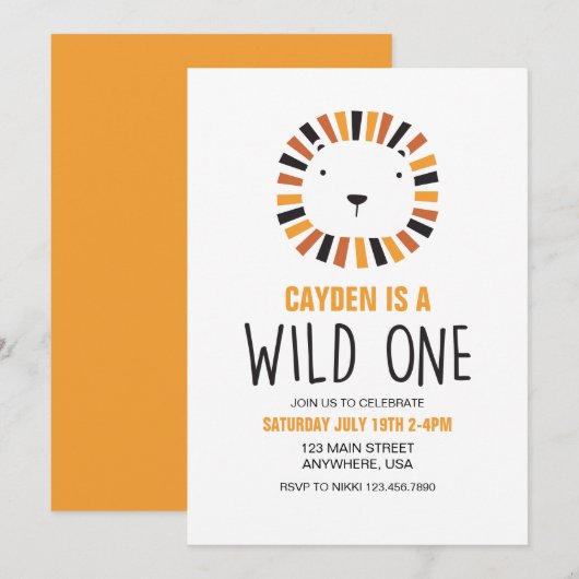 Wild One Lion boho First Birthday Invitation Kaart (Voorkant / Achterkant)