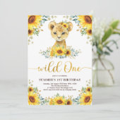 Wild One Lion Cub Sunflower Greenery 1e verjaardag Kaart (Staand voorkant)