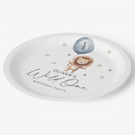 Wild One Lion Met Ballon Eerste Verjaardag Papieren Bordje (Gekanteld)