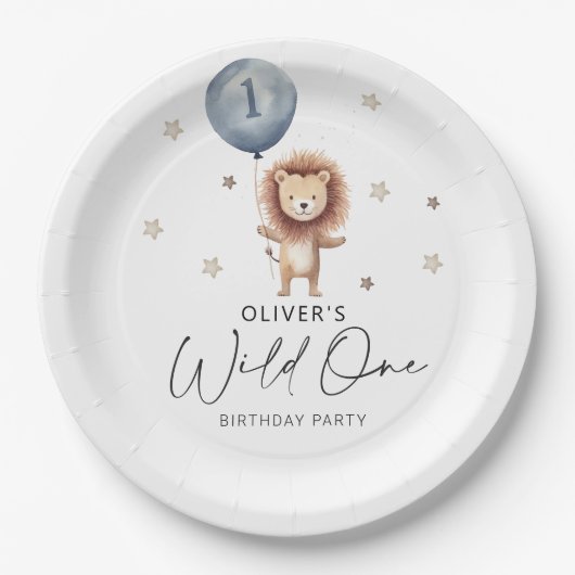 Wild One Lion Met Ballon Eerste Verjaardag Papieren Bordje (Voorkant)