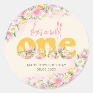 Wild One Mosterd & Roze Wildflower Verjaardag Ronde Sticker
