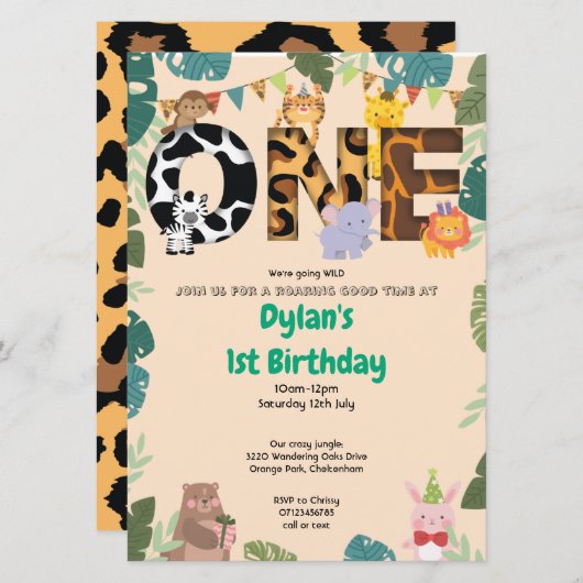 Wild One Oerwoud Safari 1e Verjaardagsuitnodiging Kaart (Voorkant / Achterkant)