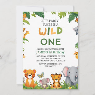 Wild One Oerwoud Safari 1st Birthday Invitation Ki Kaart