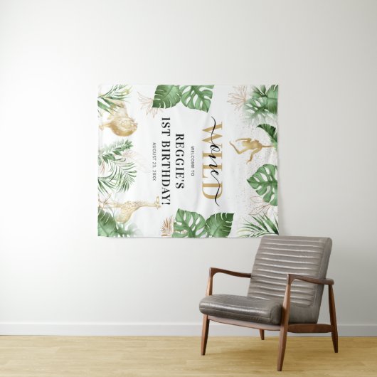 Wild One Oerwoud/Safari 1st Birthday Party Backdro Wandkleed (In Situ (horizontaal))