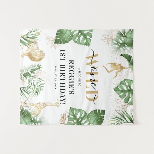 Wild One Oerwoud/Safari 1st Birthday Party Backdro Wandkleed (Voorkant (horizontaal))
