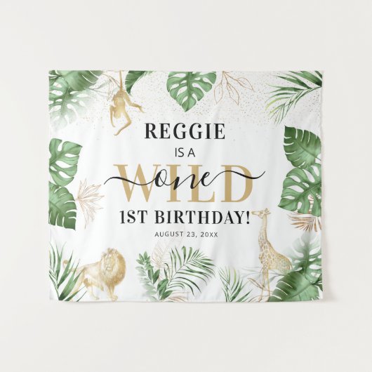 Wild One Oerwoud/Safari 1st Birthday Party Backdro Wandkleed (Voorkant (horizontaal))