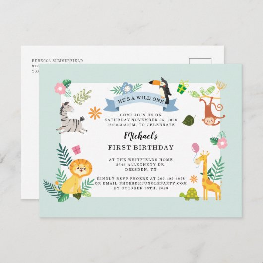 Wild One Oerwoud Safari Animal 1ste verjaardag Uitnodiging Briefkaart (Voorkant / Achterkant)