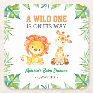 Wild One Oerwoud Safari Baby Boy Douche Sprinkle Vierkante Kartonnen Onderzetter