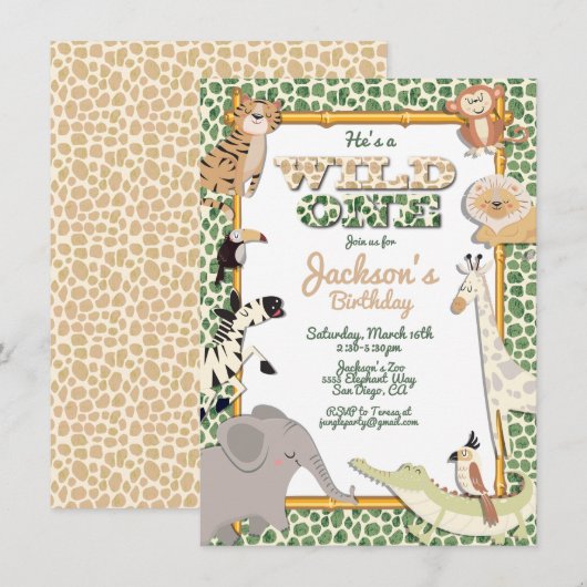 Wild One Oerwoud Safari Birthday Party Invitation Kaart (Voorkant / Achterkant)