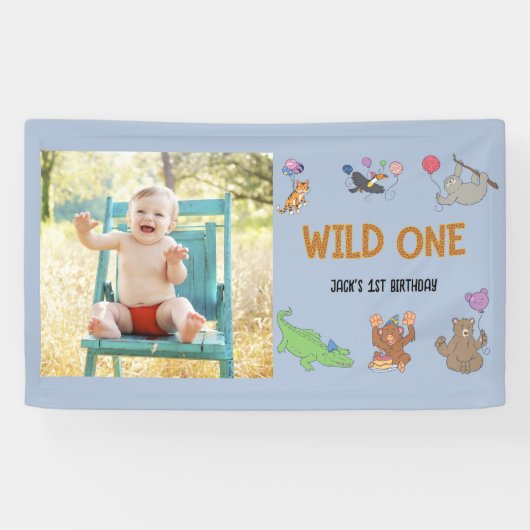 Wild One Oerwoud Safari Blauw 1e Verjaardag Spandoek (Horizontaal)