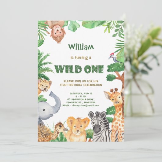 Wild One Oerwoud Safari Eerste Verjaardagsuitnodig Kaart (Staand voorkant)