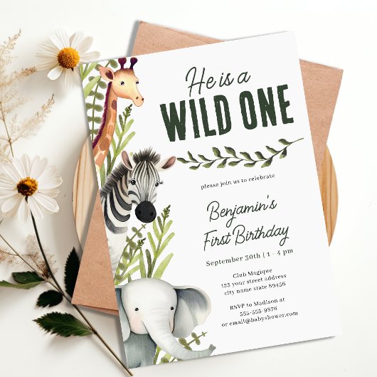Wild One Oerwoud Safari Greenery 1e verjaardagsfee Kaart