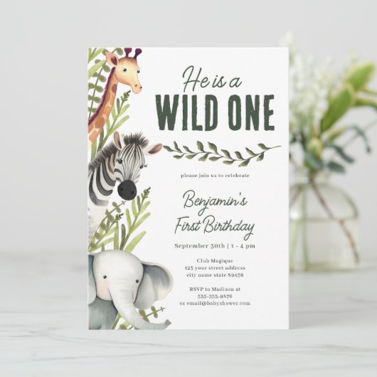 Wild One Oerwoud Safari Greenery 1e verjaardagsfee Kaart (Staand voorkant)
