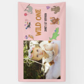 Wild One Oerwoud Safari Roze 1e Verjaardag Spandoek (Verticaal)