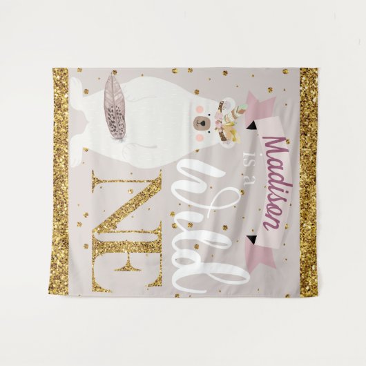 Wild One Persoonlijke Eerste Verjaardag Meisje Wandkleed (Voorkant (horizontaal))