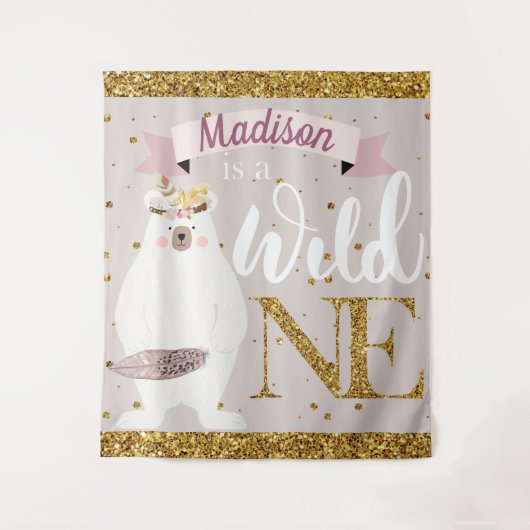 Wild One Persoonlijke Eerste Verjaardag Meisje Wandkleed (Voorkant)