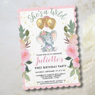 Wild One Pink Girl Elephant Eerste Verjaardag Feestdagenkaart