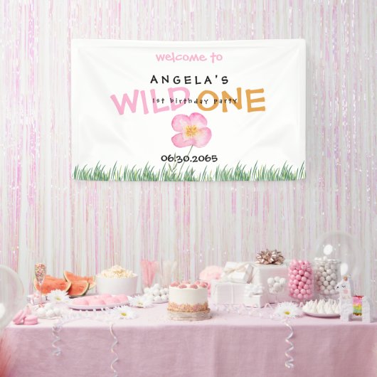 Wild One Pink Wildflower 1e verjaardag Spandoek (Feest)