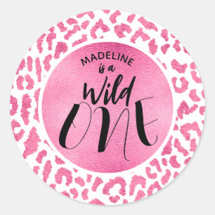 Wild One Roze Leopard 1e Verjaardag Ronde Sticker
