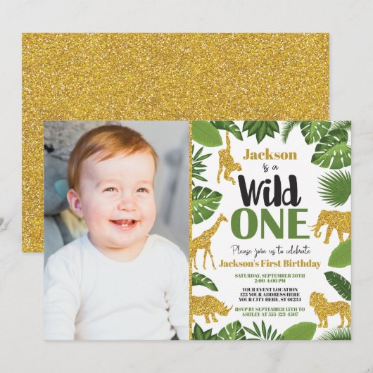 Wild One Safari 1er Birthday Invitation Boy Gold (Devant / Derrière)