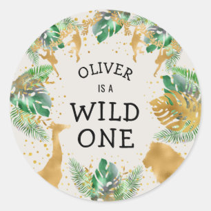 Wild One Safari 1st Birthday Green Gold Ecru Ronde Sticker