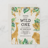 Wild One Safari 1st Birthday Green Gold Ecru Uitnodiging Briefkaart (Voorkant / Achterkant)