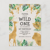 Wild One Safari 1st Birthday Green Gold Ecru Uitnodiging Briefkaart (Voorkant)