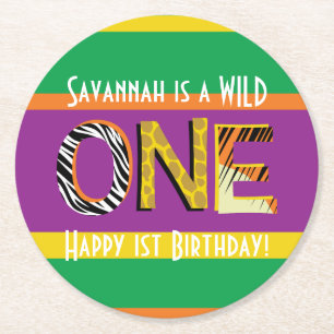 Wild One Safari 1st Birthday Party Kind Ronde Kartonnen Onderzetter