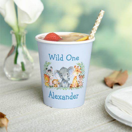 Wild One Safari Animals 1st Birthday Blue Papieren Bekers (Insitu)