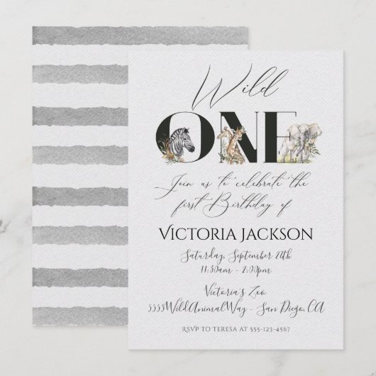 Wild One safari Animals 1st Birthday Invitation Kaart (Voorkant / Achterkant)
