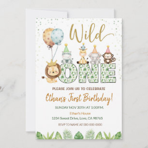 Wild One Safari Animals 1st Birthday Uitnodiging