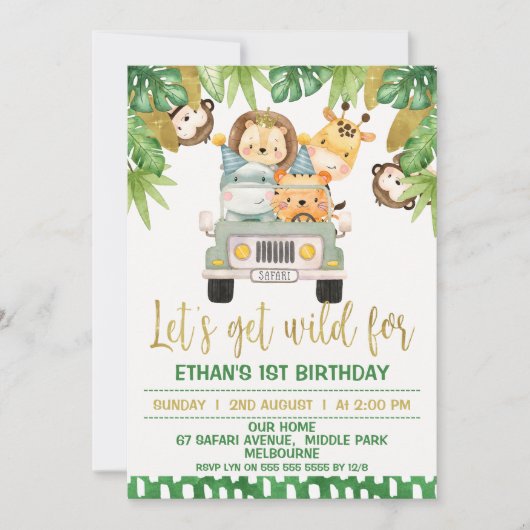 Wild One Safari Animals 1st Birthday Uitnodiging (Voorkant)