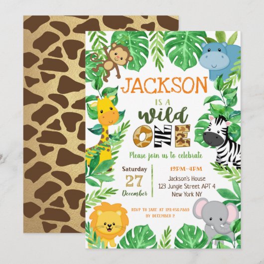Wild One Safari Animals Birthday Invitation Kaart (Voorkant / Achterkant)