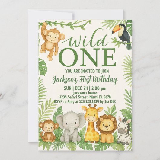 Wild One Safari Animals Birthday Invitation Kaart (Voorkant)