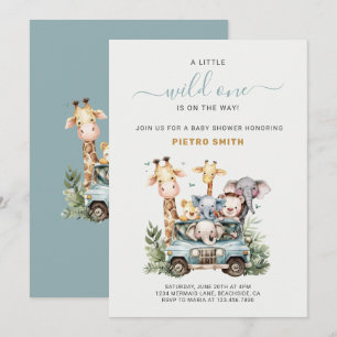 Wild One Safari Animals Boy Baby shower Kaart