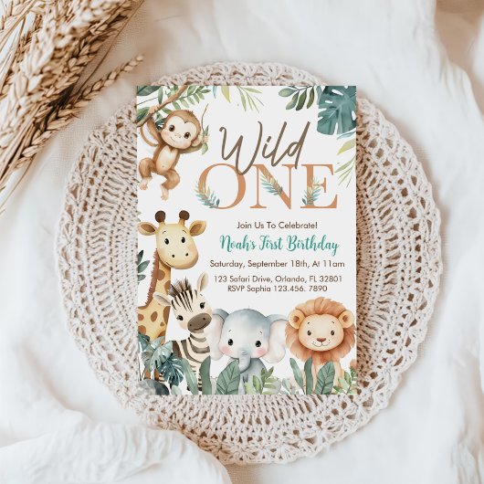 Wild One Safari Animals Boy Birthday Party Kaart