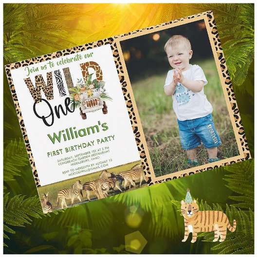 Wild One Safari Animals First Birthday Boy Kaart