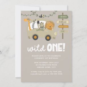 Wild One Safari Animals First Birthday Invitation Kaart