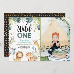 Wild One Safari Animals First Birthday Invitation Kaart