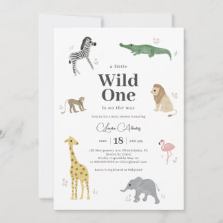 Wild One Safari Animals Girl Baby shower Kaart