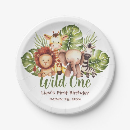 Wild One Safari Animals Greenery First Birthday Papieren Bordje (Voorkant)